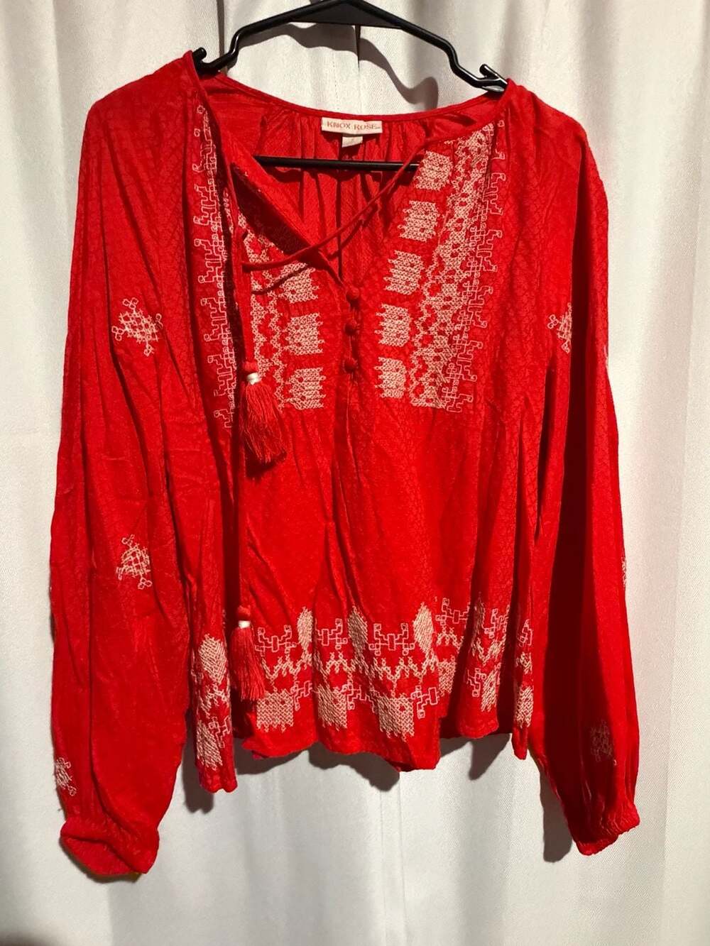 Knox Rose Red Embroidered Long Sleeve Boho Blouse with Tassels